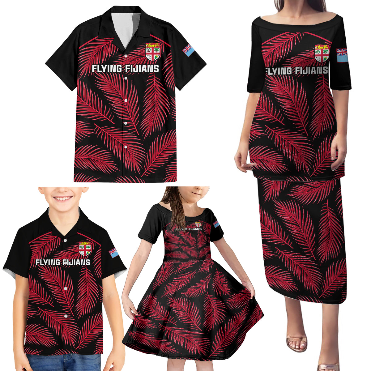 Custom Fiji Rugby Family Matching Puletasi Dress and Hawaiian Shirt Flying Fijians Red Palm Tree Version LT01 - Polynesian Pride