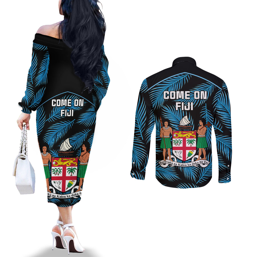 fiji-rugby-couples-matching-off-the-shoulder-long-sleeve-dress-and-long-sleeve-button-shirts-flying-fijians-blue-palm-tree-version