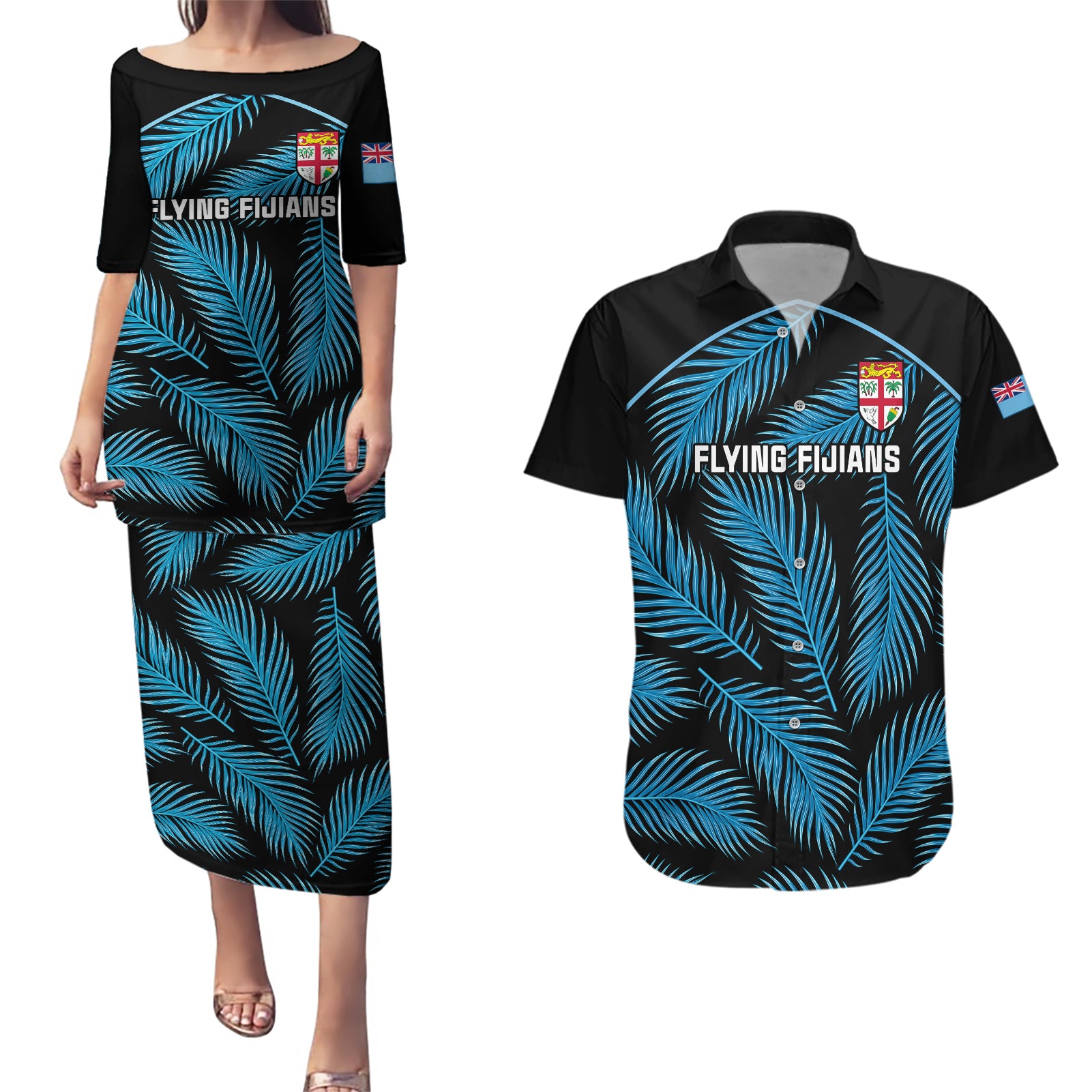 fiji-rugby-couples-matching-puletasi-dress-and-hawaiian-shirt-flying-fijians-blue-palm-tree-version