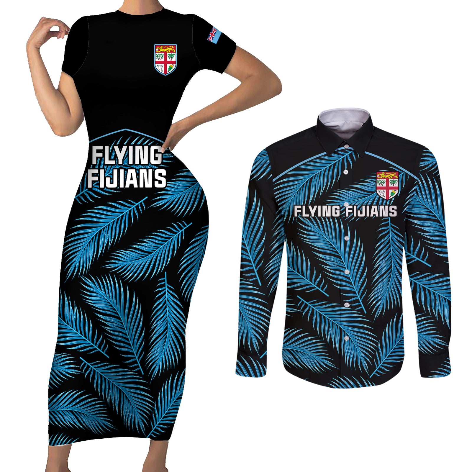 fiji-rugby-couples-matching-short-sleeve-bodycon-dress-and-long-sleeve-button-shirts-flying-fijians-blue-palm-tree-version