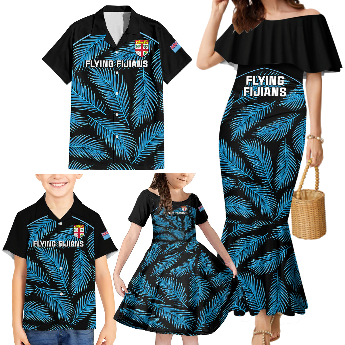 Fiji Rugby Family Matching Mermaid Dress and Hawaiian Shirt Flying Fijians Blue Palm Tree Version LT01 - Polynesian Pride