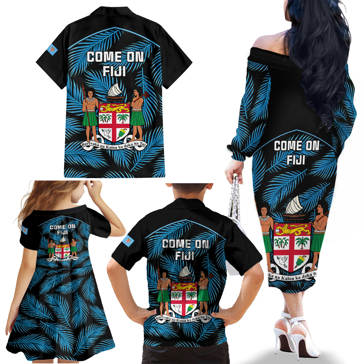 fiji-rugby-family-matching-off-shoulder-long-sleeve-dress-and-hawaiian-shirt-flying-fijians-blue-palm-tree-version