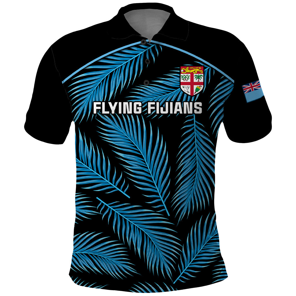 Fiji Rugby Polo Shirt Flying Fijians Blue Palm Tree Version LT01 Black - Polynesian Pride