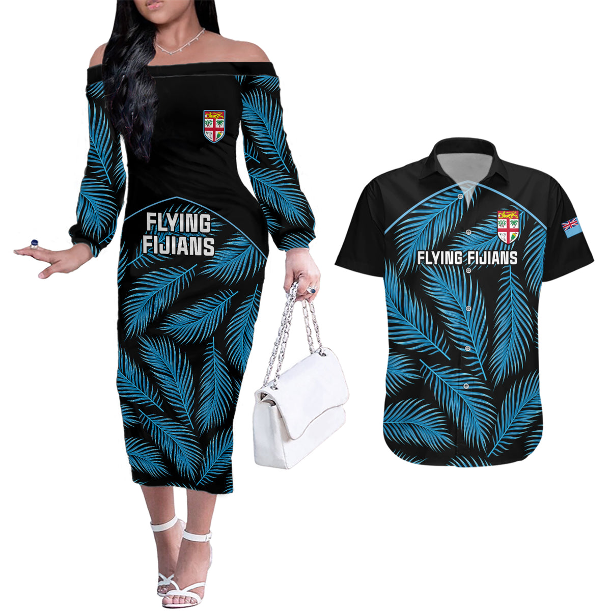custom-fiji-rugby-couples-matching-off-the-shoulder-long-sleeve-dress-and-hawaiian-shirt-flying-fijians-blue-palm-tree-version