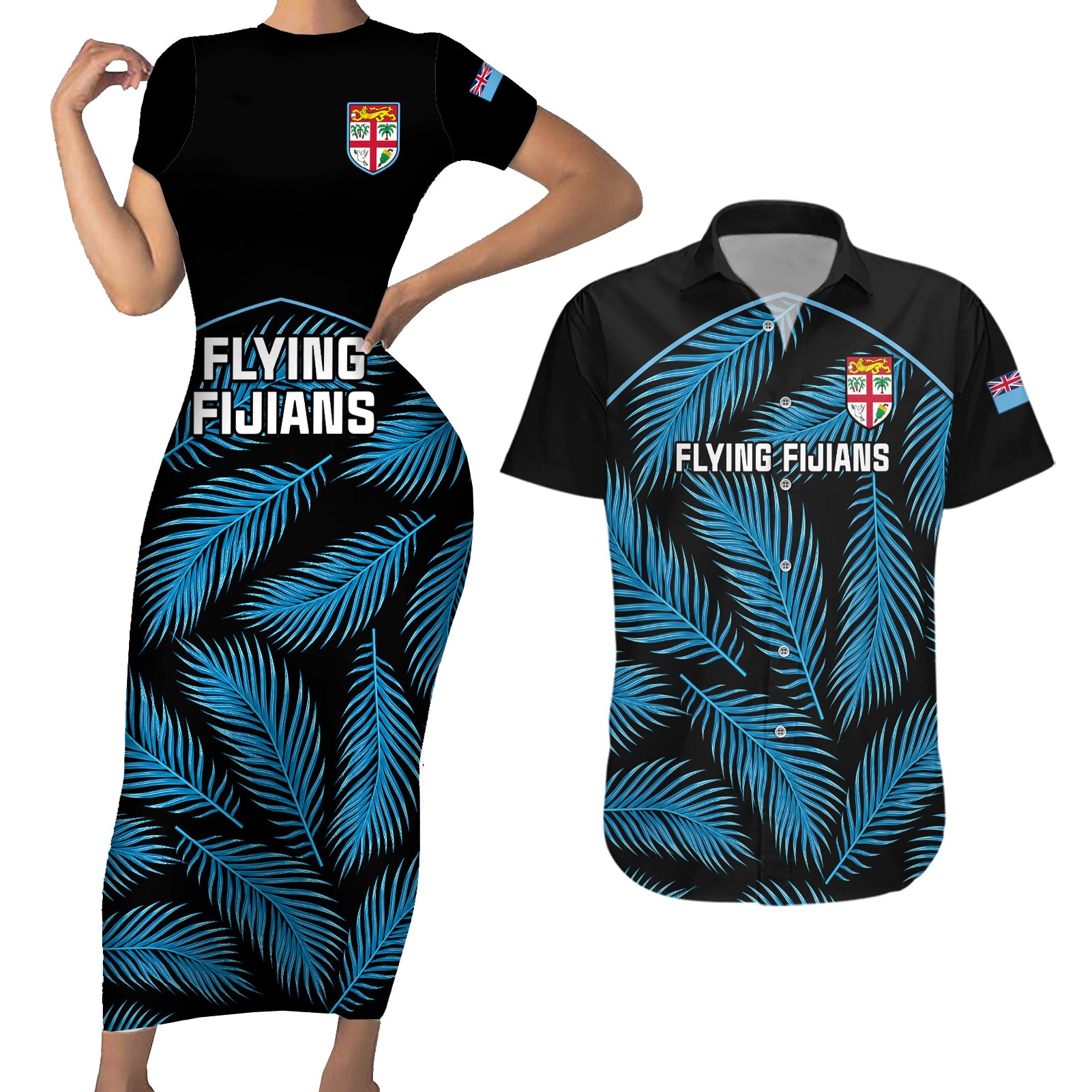 custom-fiji-rugby-couples-matching-short-sleeve-bodycon-dress-and-hawaiian-shirt-flying-fijians-blue-palm-tree-version