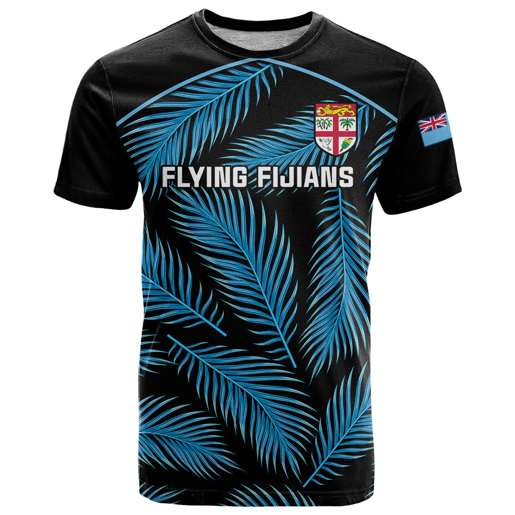 Custom Fiji Rugby T Shirt Flying Fijians Blue Palm Tree Version LT01 Black - Polynesian Pride