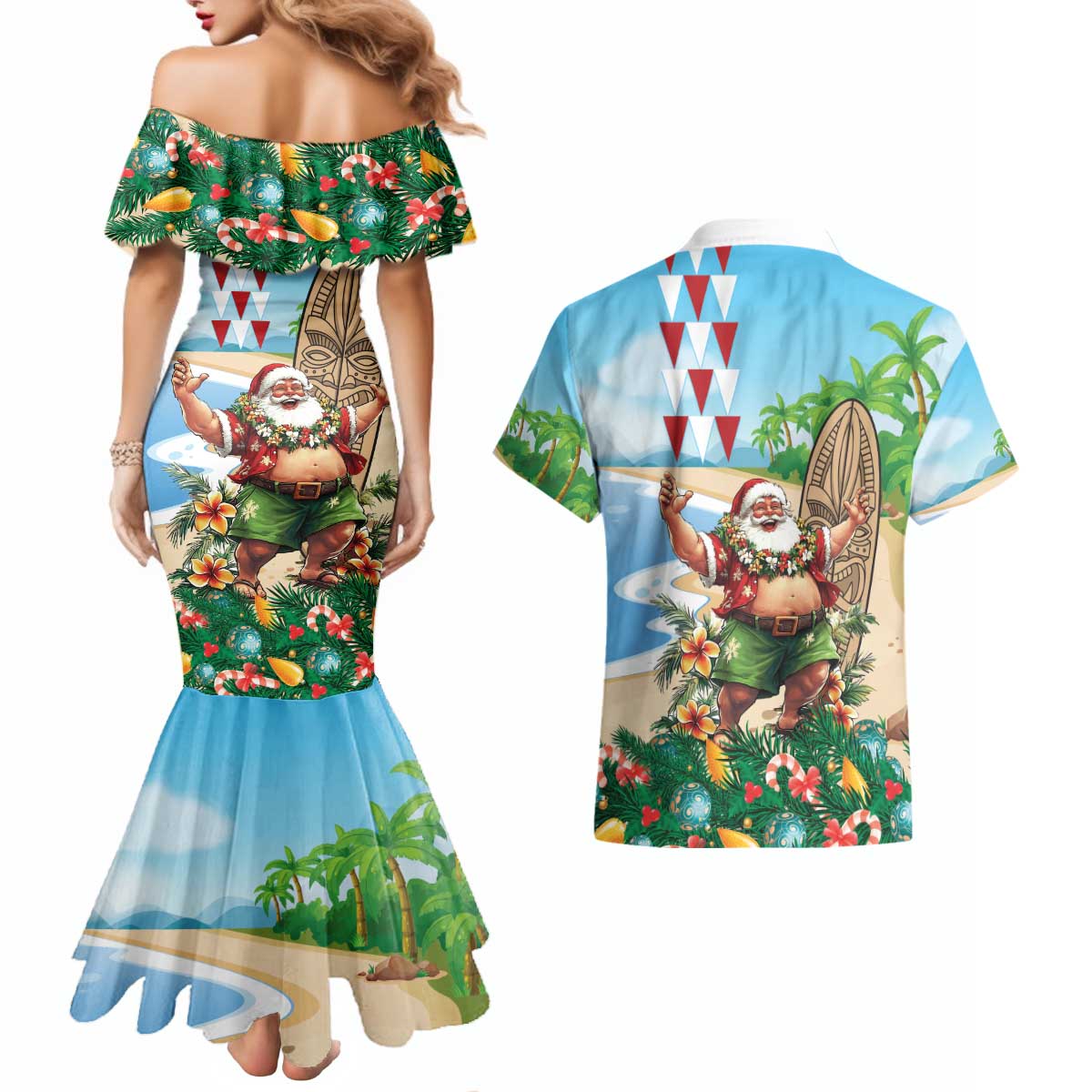 Hawaii Christmas Santa Claus Couples Matching Mermaid Dress and Hawaiian Shirt Mele Kalikimaka Tropical Beach LT01 - Polynesian Pride