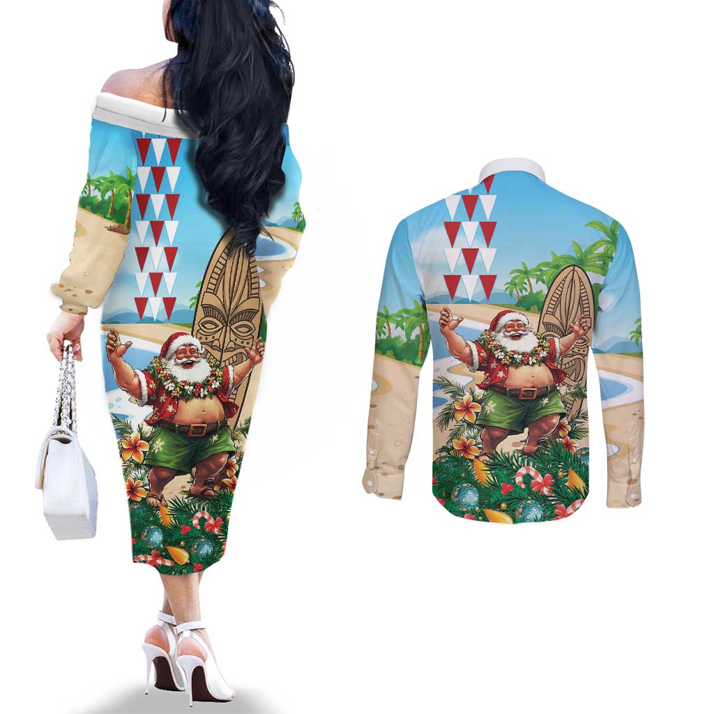 Hawaii Christmas Santa Claus Couples Matching Off The Shoulder Long Sleeve Dress and Long Sleeve Button Shirt Mele Kalikimaka Tropical Beach