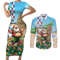 Hawaii Christmas Santa Claus Couples Matching Short Sleeve Bodycon Dress and Long Sleeve Button Shirt Mele Kalikimaka Tropical Beach