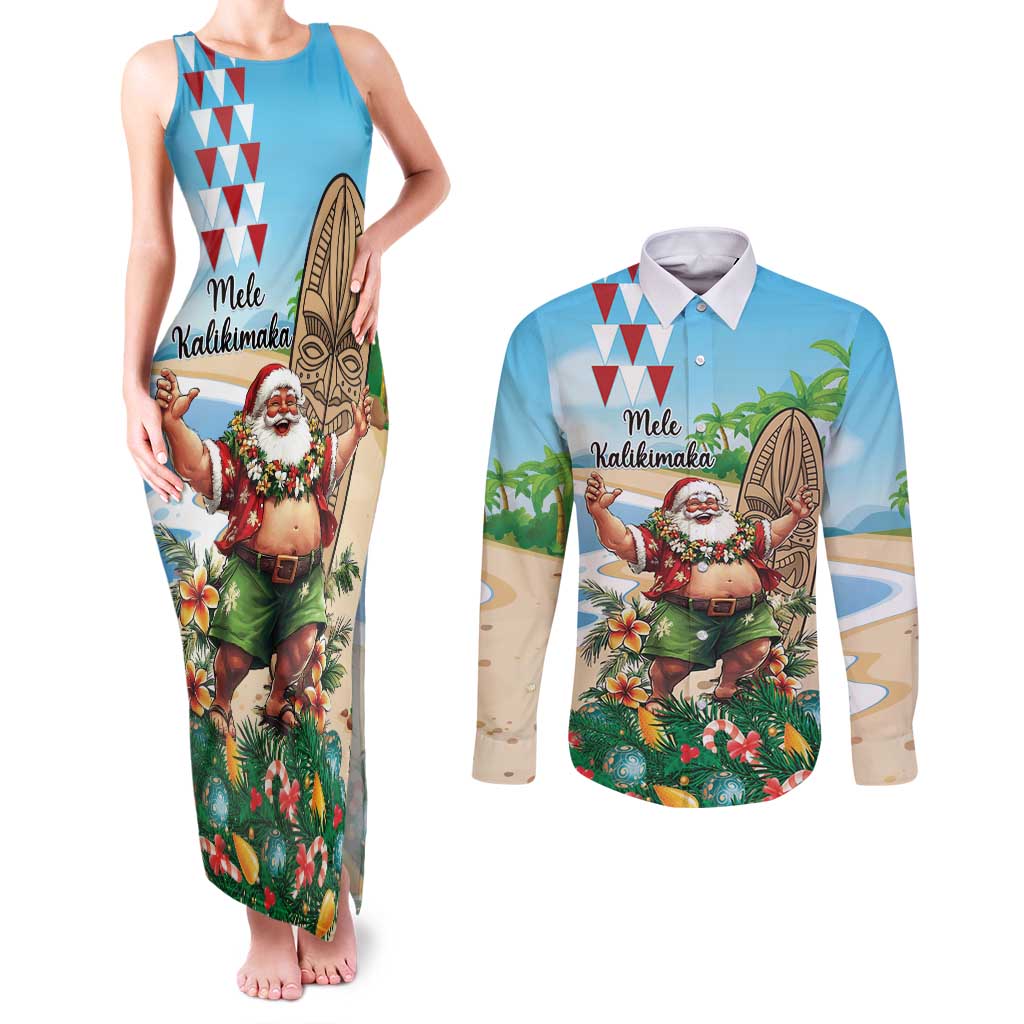 Hawaii Christmas Santa Claus Couples Matching Tank Maxi Dress and Long Sleeve Button Shirt Mele Kalikimaka Tropical Beach