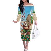 Hawaii Christmas Santa Claus Family Matching Off The Shoulder Long Sleeve Dress and Hawaiian Shirt Mele Kalikimaka Tropical Beach LT01 Mom's Dress Art - Polynesian Pride