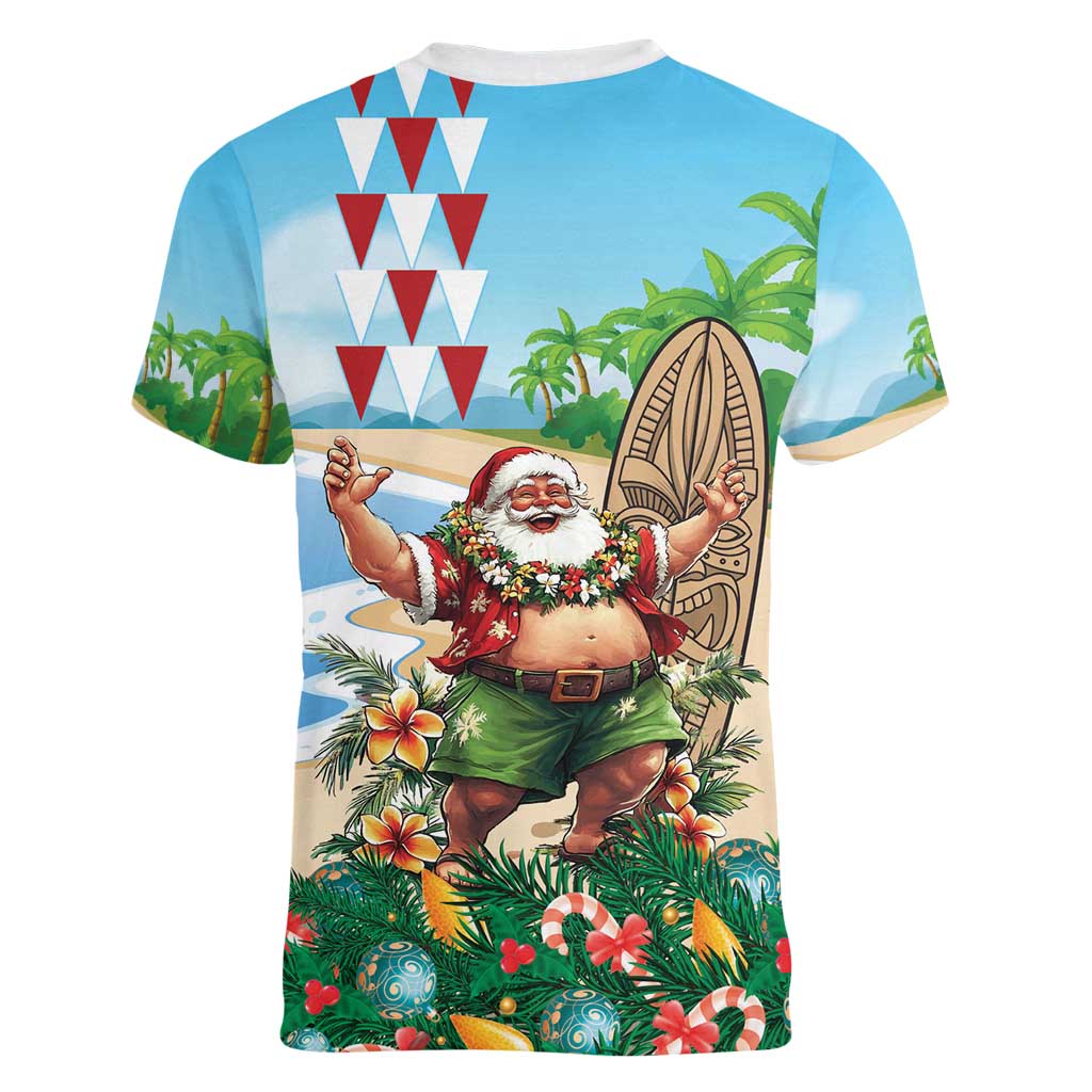 Hawaii Christmas Santa Claus Women V-Neck T-Shirt Mele Kalikimaka Tropical Beach