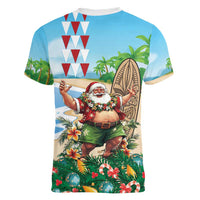 Hawaii Christmas Santa Claus Women V-Neck T-Shirt Mele Kalikimaka Tropical Beach