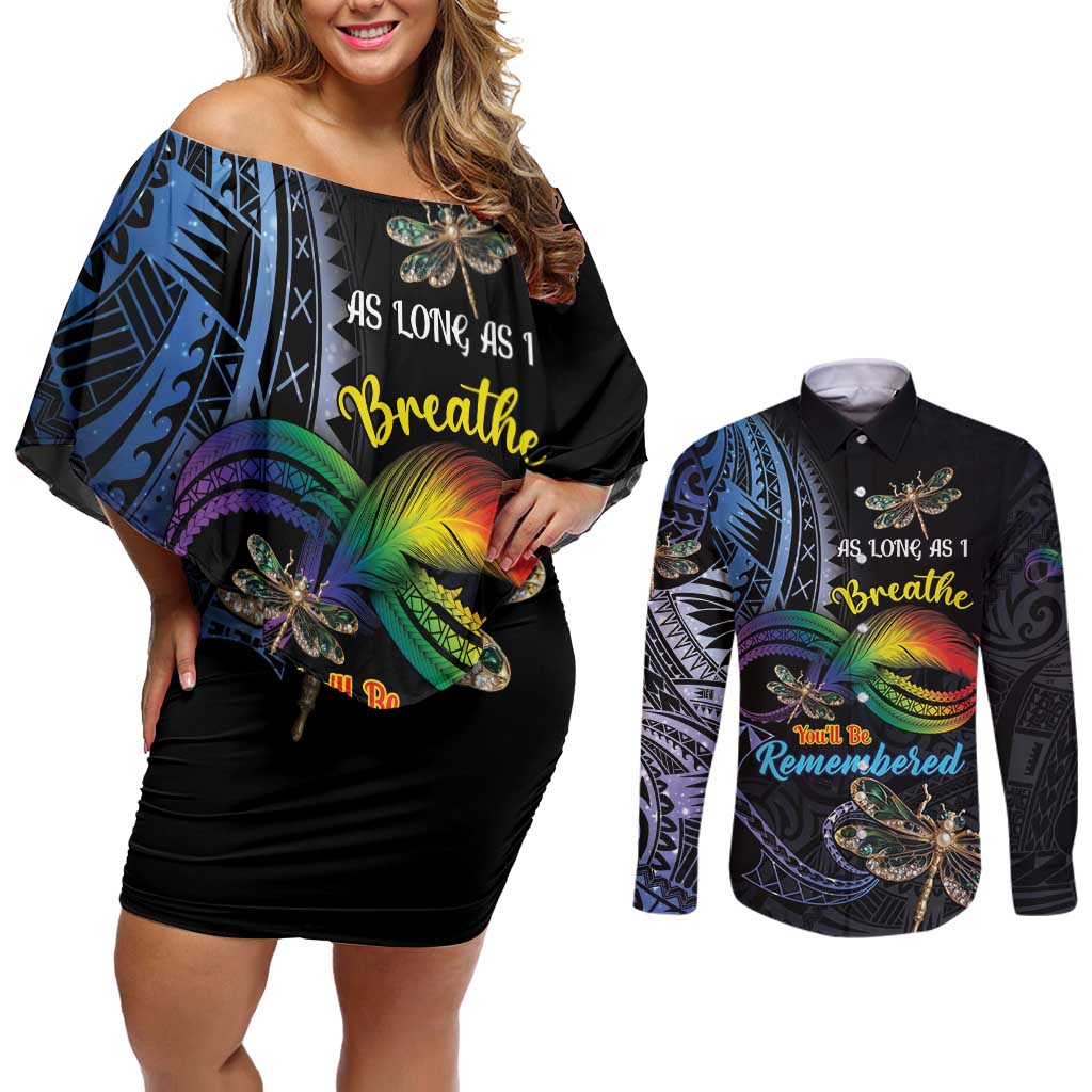 Personalised Polynesian Memorial Couples Matching Off Shoulder Short Dress and Long Sleeve Button Shirt As Long As I Breathe You'll Be Remembered LT01 Colorful - Polynesian Pride