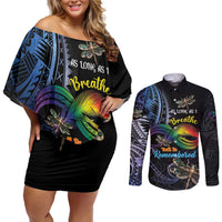 Personalised Polynesian Memorial Couples Matching Off Shoulder Short Dress and Long Sleeve Button Shirt As Long As I Breathe You'll Be Remembered LT01 Colorful - Polynesian Pride