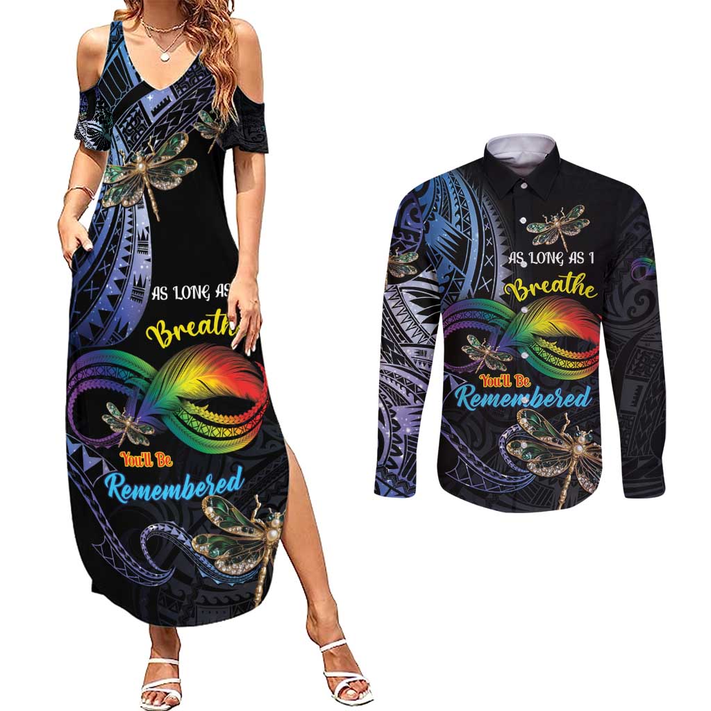 Personalised Polynesian Memorial Couples Matching Summer Maxi Dress and Long Sleeve Button Shirt As Long As I Breathe You'll Be Remembered LT01 Colorful - Polynesian Pride