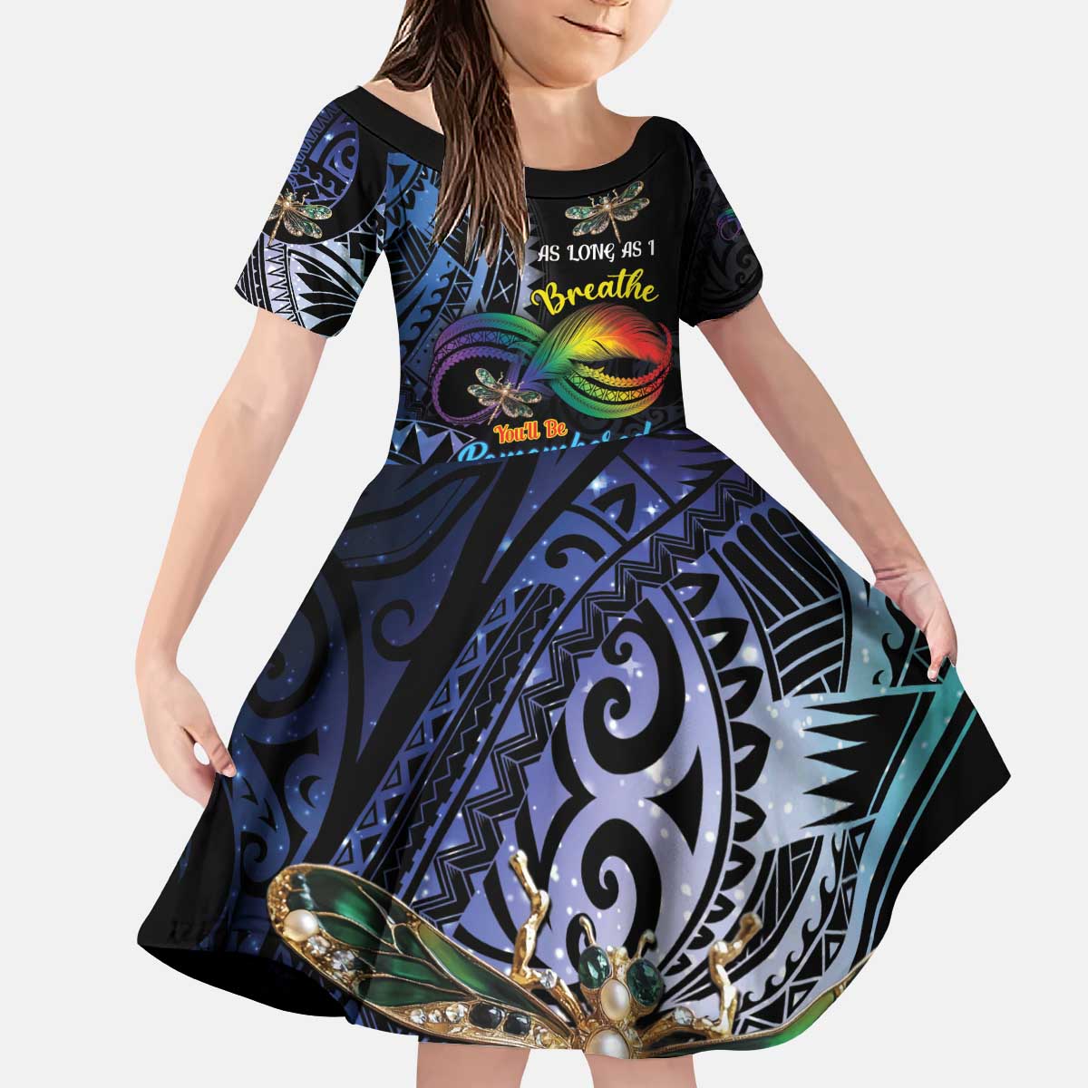 Personalised Polynesian Memorial Kid Short Sleeve Dress As Long As I Breathe You'll Be Remembered