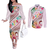 Pasifika Festival Couples Matching Off The Shoulder Long Sleeve Dress and Long Sleeve Button Shirt Tribal Pattern Tropical Style LT01 Pink - Polynesian Pride