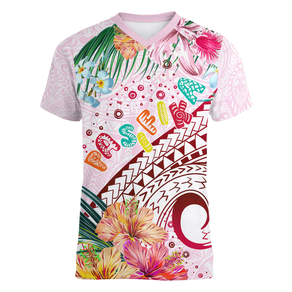 Pasifika Festival Women V Neck T Shirt Tribal Pattern Tropical Style LT01 Female Pink - Polynesian Pride