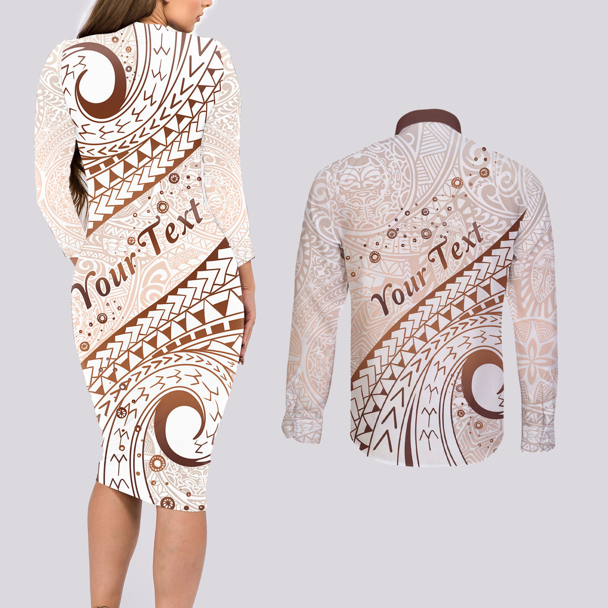 Pasifika Festival Couples Matching Long Sleeve Bodycon Dress and Long Sleeve Button Shirt Vintage Tribal Pattern LT01 - Polynesian Pride