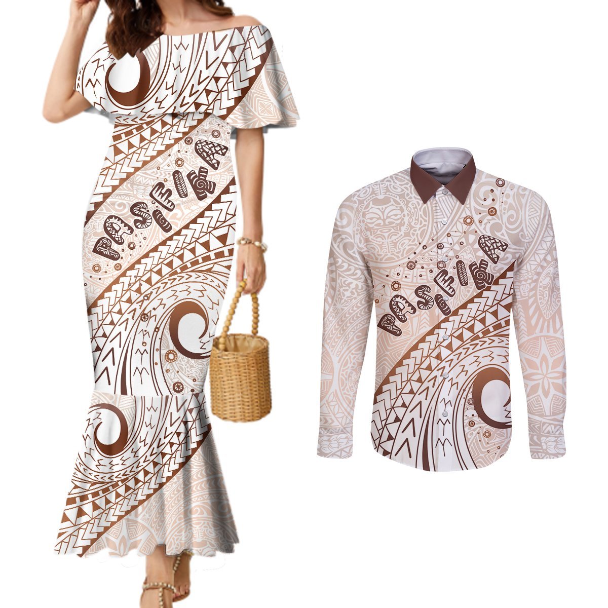 Pasifika Festival Couples Matching Mermaid Dress and Long Sleeve Button Shirt Vintage Tribal Pattern LT01 Brown - Polynesian Pride