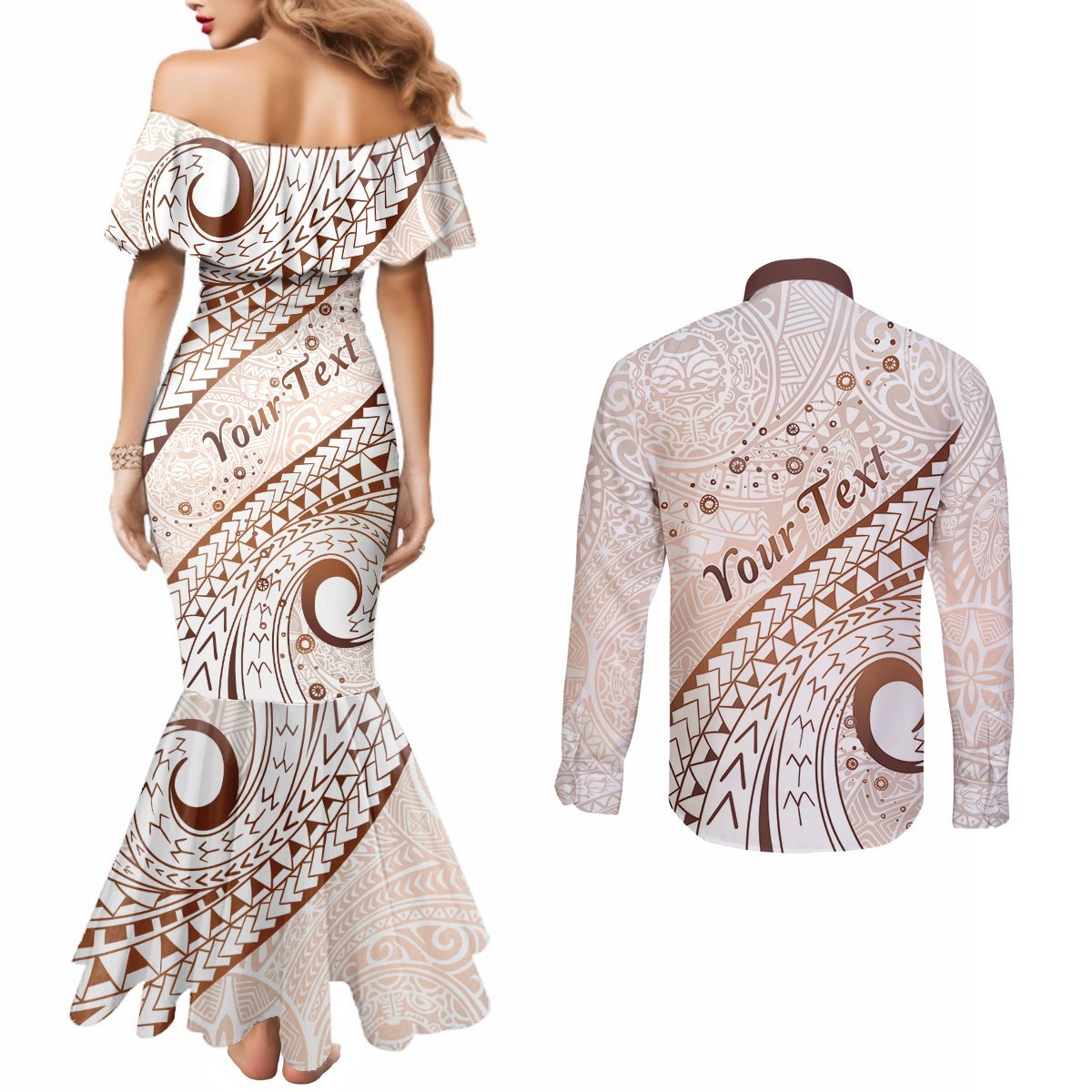 Pasifika Festival Couples Matching Mermaid Dress and Long Sleeve Button Shirt Vintage Tribal Pattern LT01 - Polynesian Pride