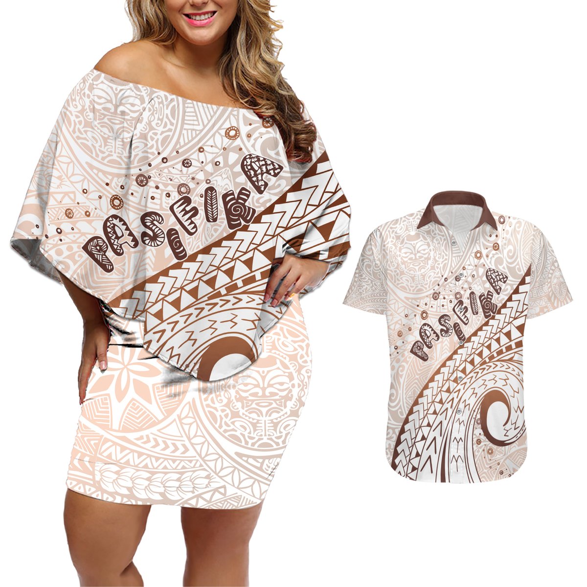 Pasifika Festival Couples Matching Off Shoulder Short Dress and Hawaiian Shirt Vintage Tribal Pattern LT01 Brown - Polynesian Pride