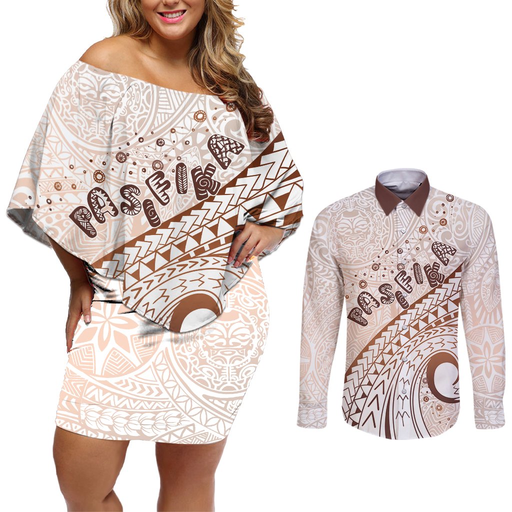 Pasifika Festival Couples Matching Off Shoulder Short Dress and Long Sleeve Button Shirt Vintage Tribal Pattern LT01 Brown - Polynesian Pride