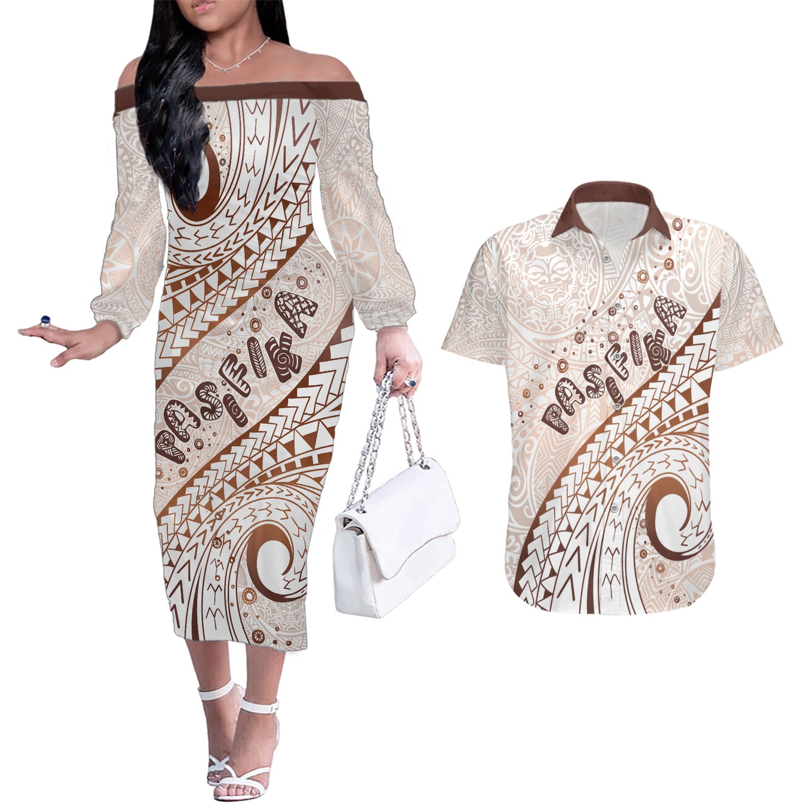 Pasifika Festival Couples Matching Off The Shoulder Long Sleeve Dress and Hawaiian Shirt Vintage Tribal Pattern LT01 Brown - Polynesian Pride