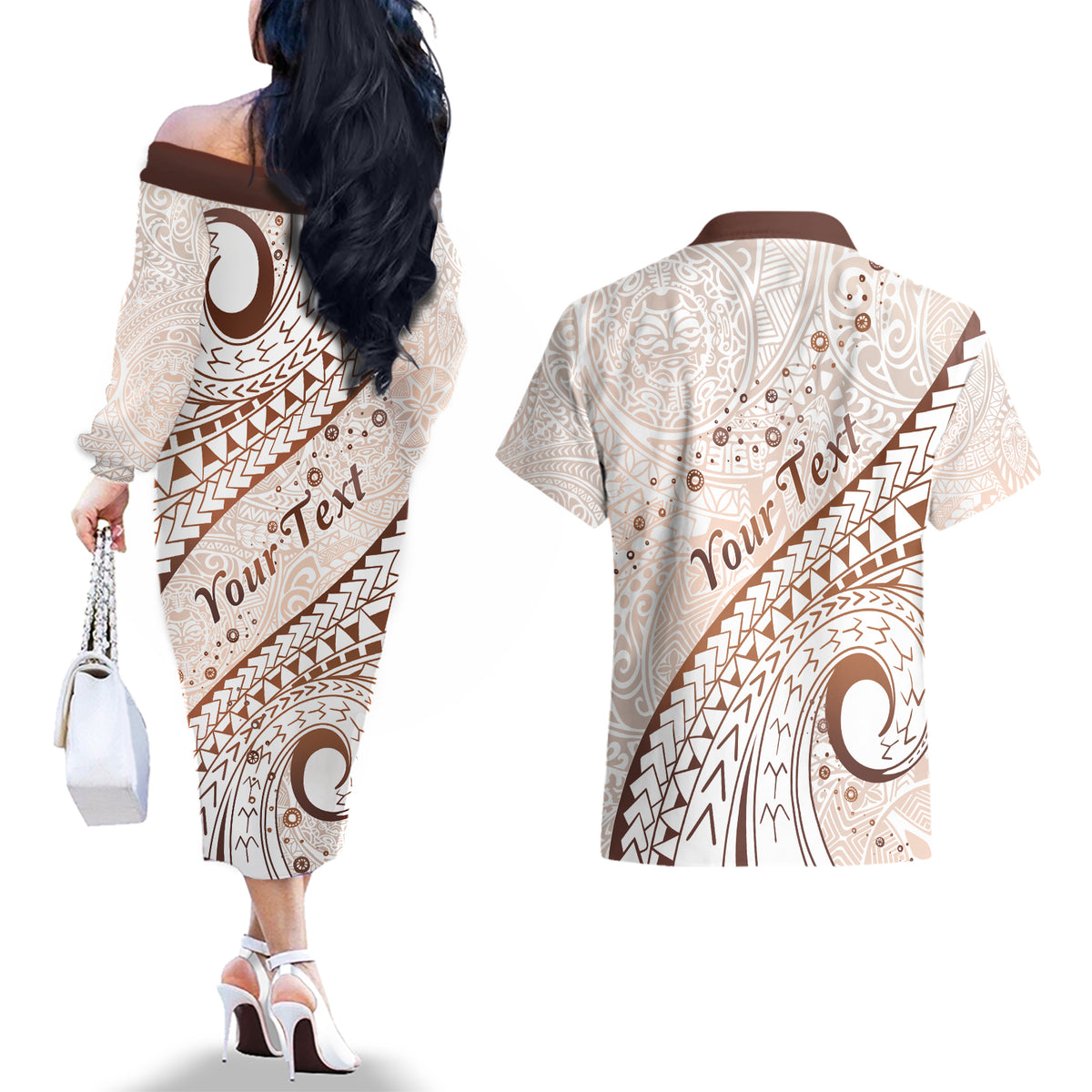 Pasifika Festival Couples Matching Off The Shoulder Long Sleeve Dress and Hawaiian Shirt Vintage Tribal Pattern LT01 - Polynesian Pride