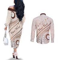 Pasifika Festival Couples Matching Off The Shoulder Long Sleeve Dress and Long Sleeve Button Shirt Vintage Tribal Pattern LT01 - Polynesian Pride
