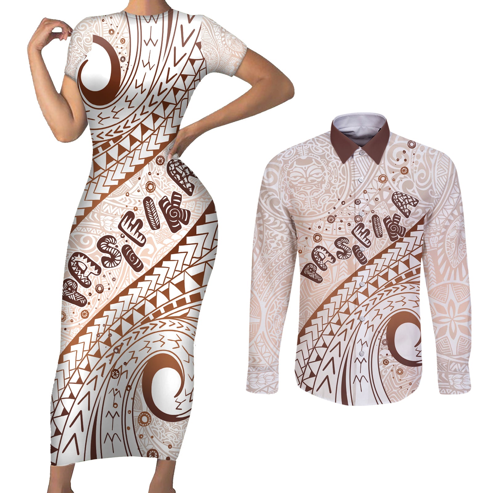 Pasifika Festival Couples Matching Short Sleeve Bodycon Dress and Long Sleeve Button Shirt Vintage Tribal Pattern LT01 Brown - Polynesian Pride