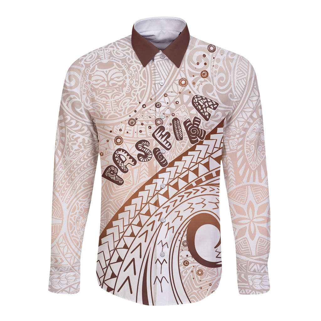 Pasifika Festival Long Sleeve Button Shirt Vintage Tribal Pattern LT01 Unisex Brown - Polynesian Pride