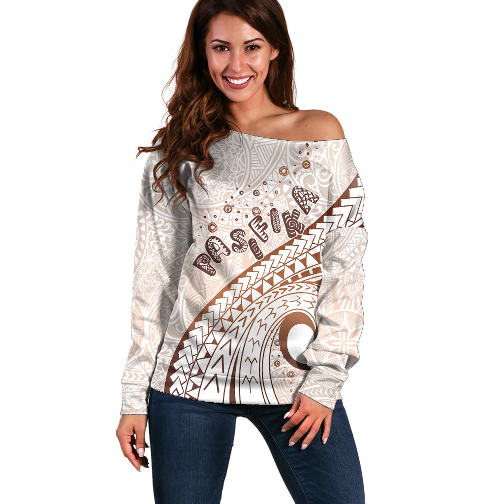 Pasifika Festival Off Shoulder Sweater Vintage Tribal Pattern LT01 Women Brown - Polynesian Pride