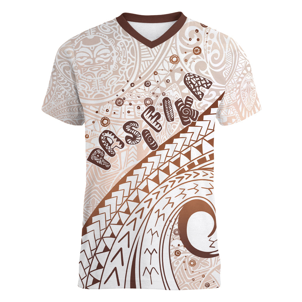 Pasifika Festival Women V Neck T Shirt Vintage Tribal Pattern LT01 Female Brown - Polynesian Pride