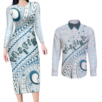 Pasifika Festival Couples Matching Long Sleeve Bodycon Dress and Long Sleeve Button Shirt Tribal Pattern Blue Version LT01 Blue - Polynesian Pride