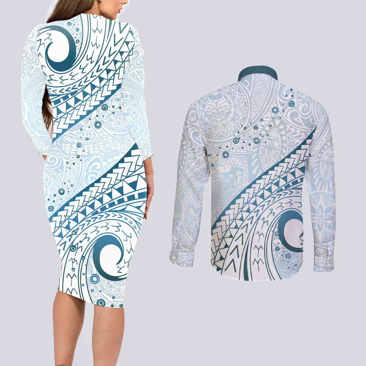 Pasifika Festival Couples Matching Long Sleeve Bodycon Dress and Long Sleeve Button Shirt Tribal Pattern Blue Version LT01 - Polynesian Pride