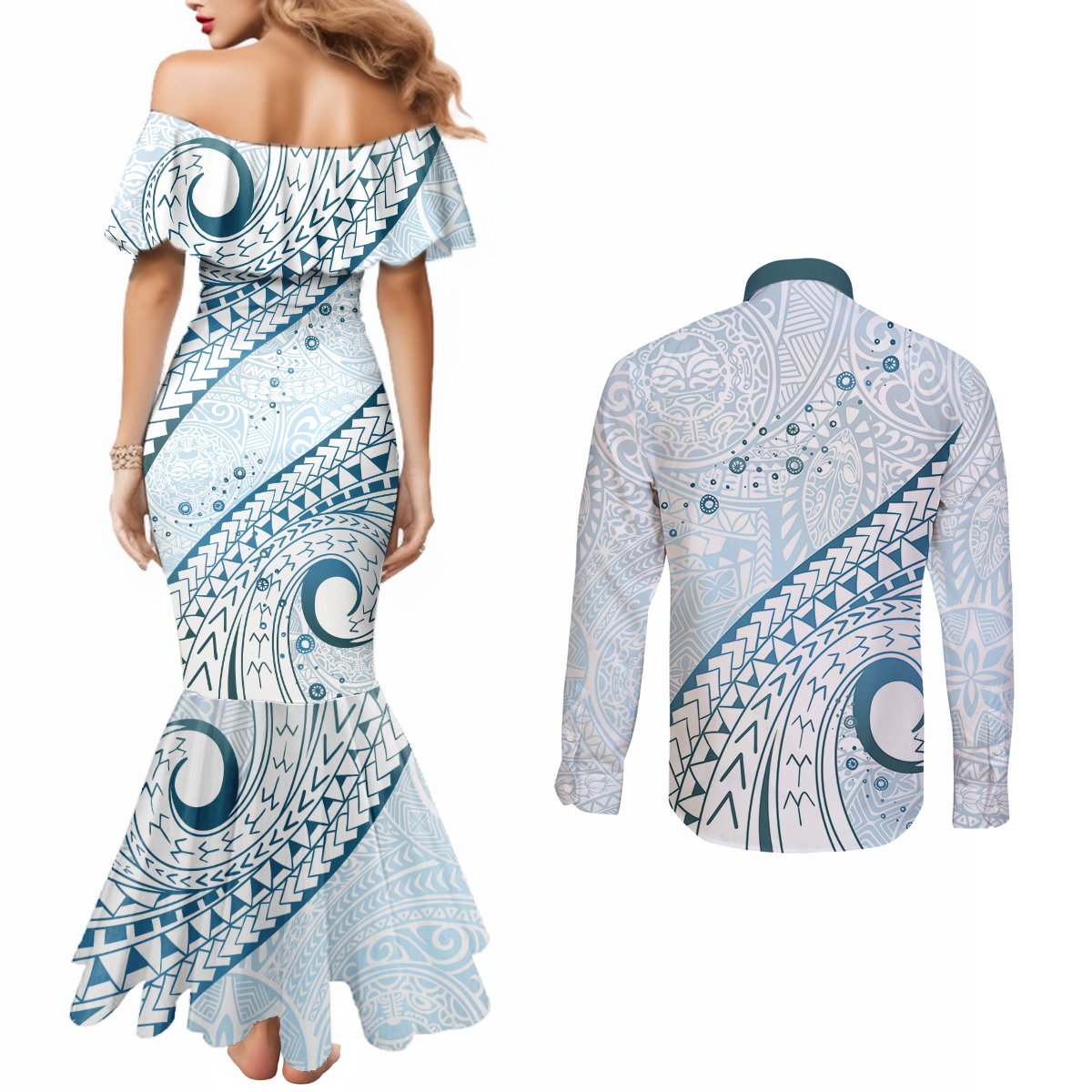 Pasifika Festival Couples Matching Mermaid Dress and Long Sleeve Button Shirt Tribal Pattern Blue Version LT01 - Polynesian Pride