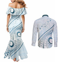 Pasifika Festival Couples Matching Mermaid Dress and Long Sleeve Button Shirt Tribal Pattern Blue Version LT01 - Polynesian Pride