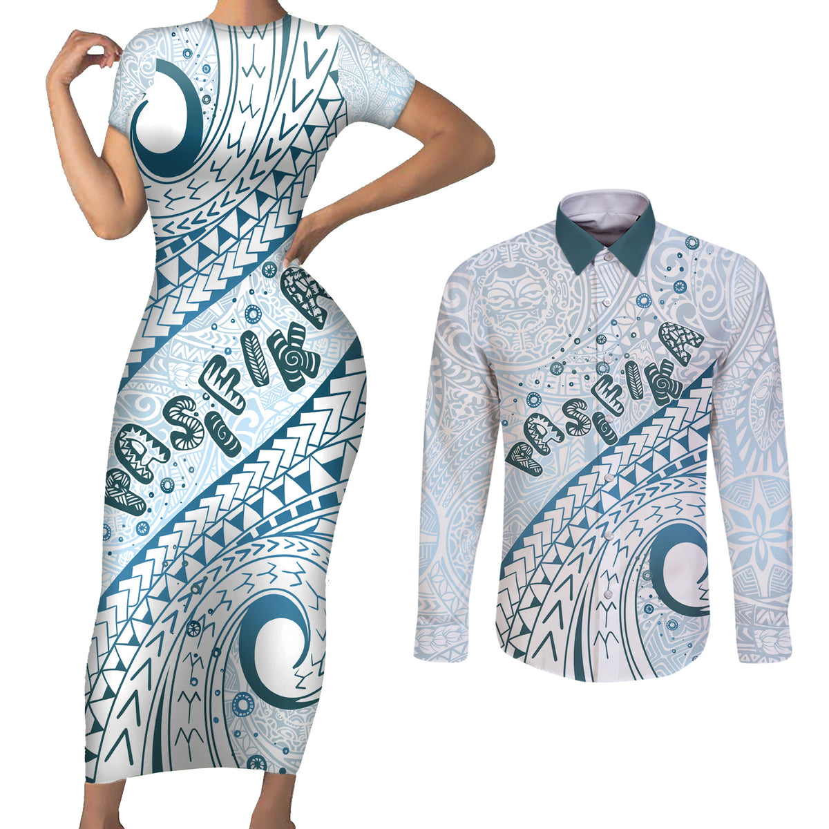 Pasifika Festival Couples Matching Short Sleeve Bodycon Dress and Long Sleeve Button Shirt Tribal Pattern Blue Version LT01 Blue - Polynesian Pride