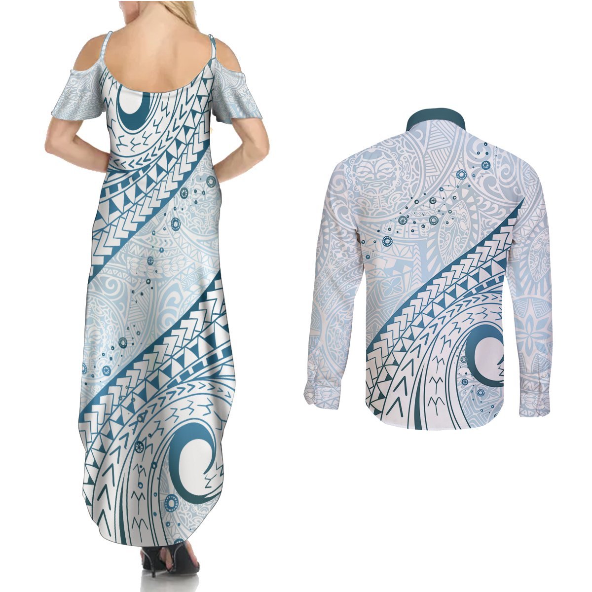 Pasifika Festival Couples Matching Summer Maxi Dress and Long Sleeve Button Shirt Tribal Pattern Blue Version LT01 - Polynesian Pride
