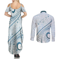 Pasifika Festival Couples Matching Summer Maxi Dress and Long Sleeve Button Shirt Tribal Pattern Blue Version LT01 - Polynesian Pride