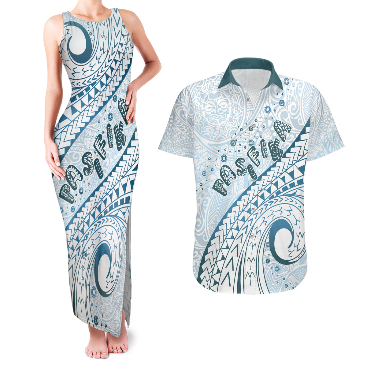 Pasifika Festival Couples Matching Tank Maxi Dress and Hawaiian Shirt Tribal Pattern Blue Version LT01 Blue - Polynesian Pride