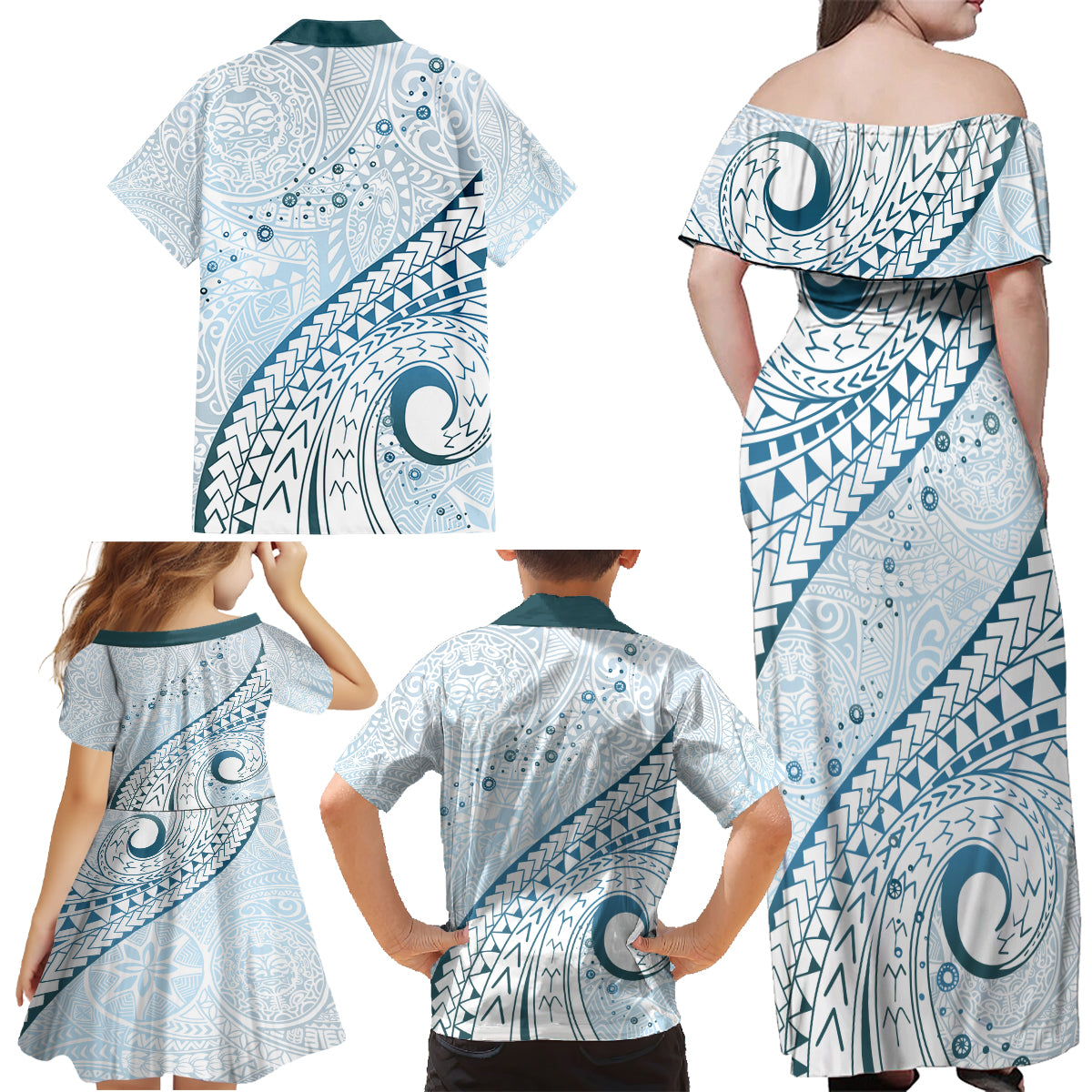 Pasifika Festival Family Matching Off Shoulder Maxi Dress and Hawaiian Shirt Tribal Pattern Blue Version LT01 - Polynesian Pride
