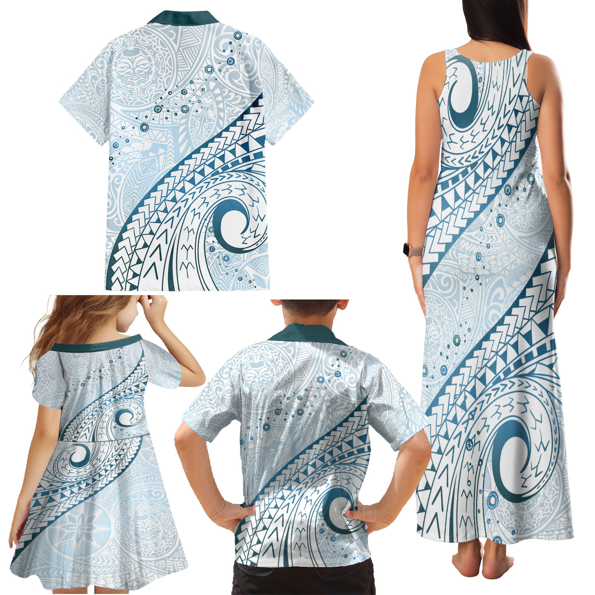 Pasifika Festival Family Matching Tank Maxi Dress and Hawaiian Shirt Tribal Pattern Blue Version LT01 - Polynesian Pride