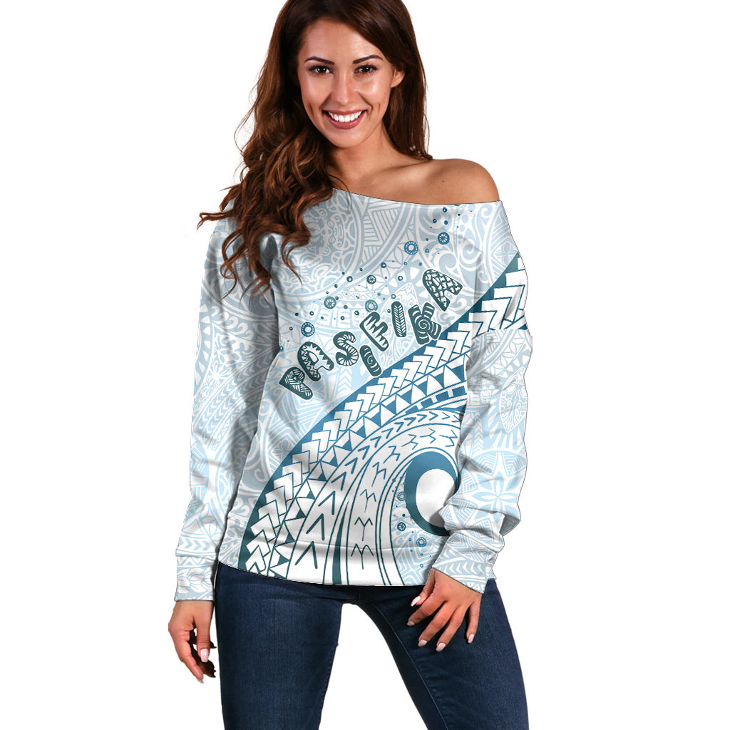 Pasifika Festival Off Shoulder Sweater Tribal Pattern Blue Version LT01 Women Blue - Polynesian Pride