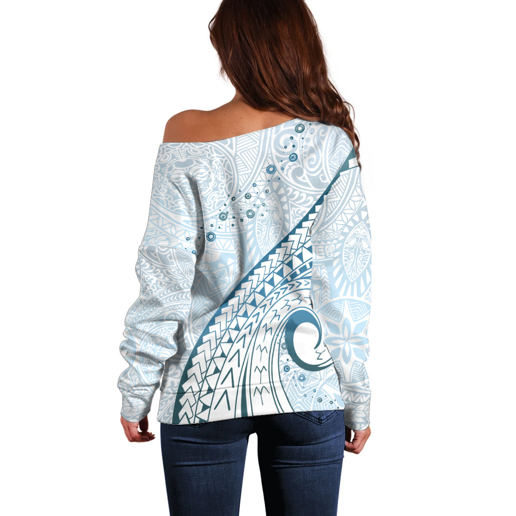 Pasifika Festival Off Shoulder Sweater Tribal Pattern Blue Version LT01 - Polynesian Pride