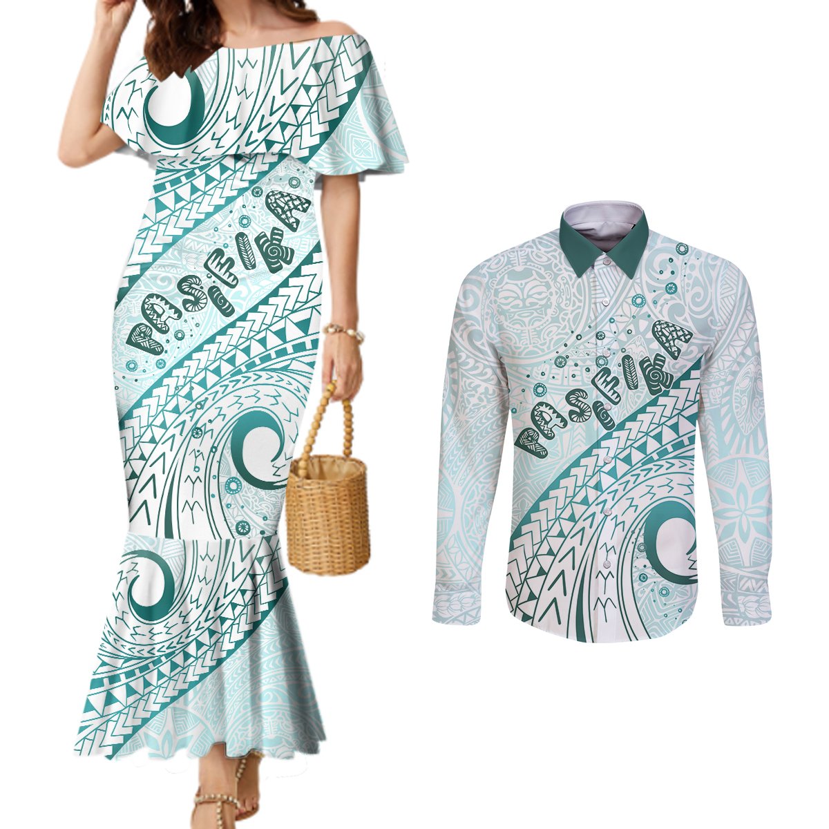 Pasifika Festival Couples Matching Mermaid Dress and Long Sleeve Button Shirt Tribal Pattern Teal Version LT01 Teal - Polynesian Pride