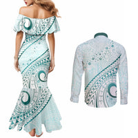 Pasifika Festival Couples Matching Mermaid Dress and Long Sleeve Button Shirt Tribal Pattern Teal Version LT01 - Polynesian Pride