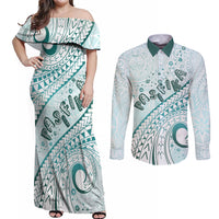 Pasifika Festival Couples Matching Off Shoulder Maxi Dress and Long Sleeve Button Shirt Tribal Pattern Teal Version LT01 Teal - Polynesian Pride